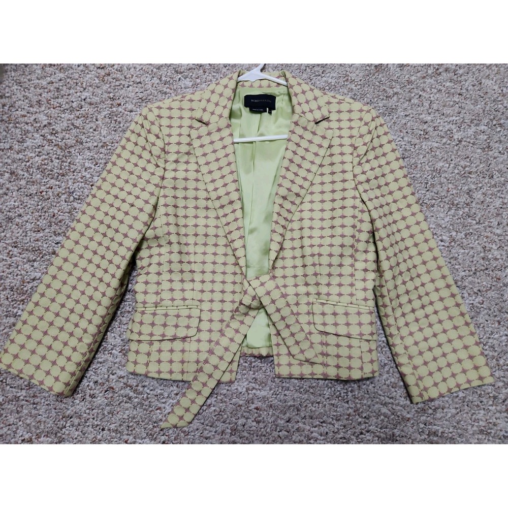 BCBGMAXAZRIA Women Front Tie Blazer Lime Pink Geometric Pattern BT136GM Medium